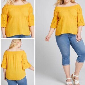 NEW Lane Bryant Embroidered Eyelet Blouse Off the Shoulder Yellow Size 14/16
